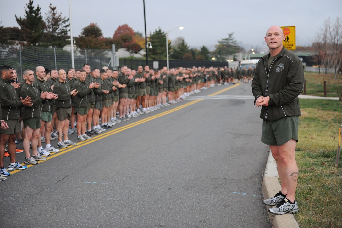 Sgt. Maj. Micheal P. Barrett, the 17th Sergeant Major of the Marine Corps, speaks to the Marines after the Annual Marine Corps Birthday Run from the Pentagon to the Marine Corps War Memorial, Nov. 10, 2011. More images of Sgt. Maj. Barrett are available at http://www.marines.mil/unit/hqmc/smmc/Pages/photos.aspx